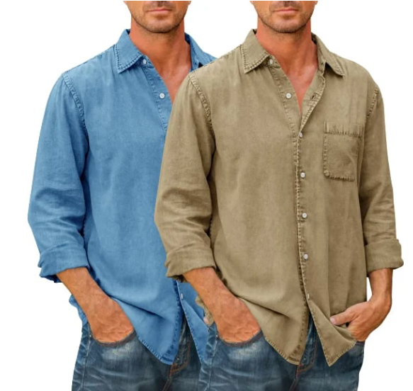 🔥Mens Denim Long Sleeve Button Down Shirt