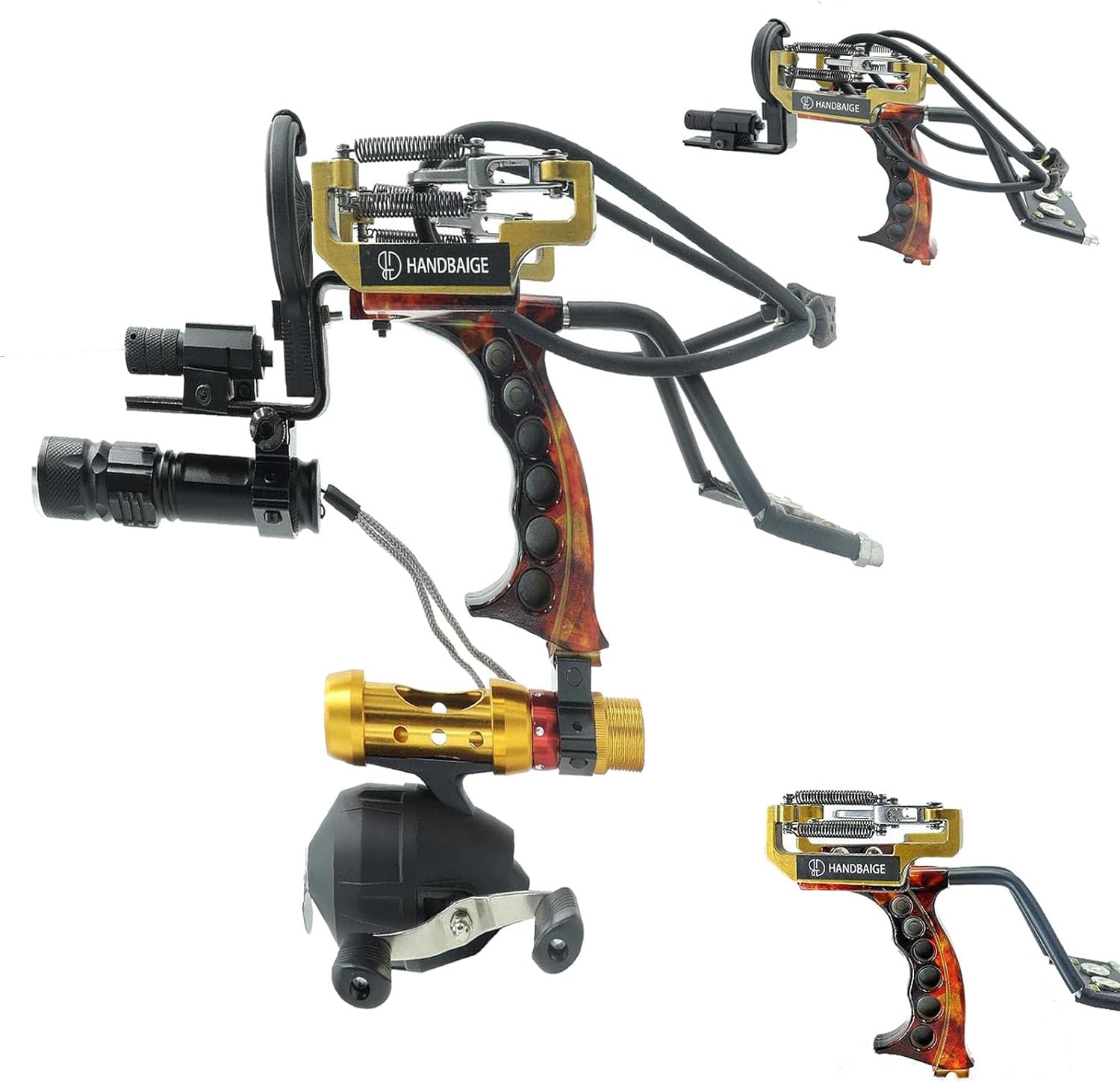 Powerful Fishing Slingshot Outdoor Catapult Archery Slingbow Arrows Ammo 2 in1 Slingshot with Arrow Brush,Fishing Reel,Fishing Reel Rack,Flashlight,4 Replacement Bands, multicolor