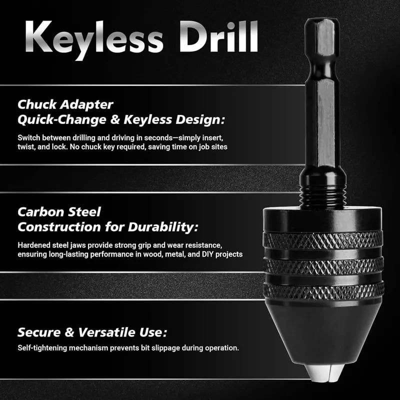 Keyless Drill Chuck Adapter Set – 1/4′′ Hex Quick Change (0.3-8mm) for Impact Drivers & Power Tools