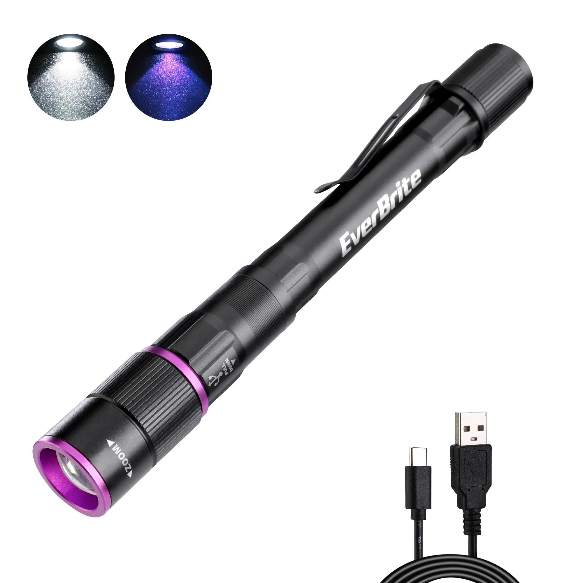 Rechargeable Pen Flashlight with UV Light and White Light, 395nm Black Flashlight with Clip, Zoomable 4 Modes with Memory Function, USB C Cable, for Camping, Emergency, Pet Urine Detection