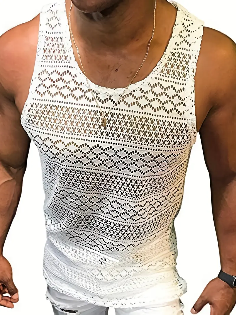 Mens Lace Shirts See Through Vest Crewneck Sleeveless Tank Tops Muscle Sexy Mesh Shirts