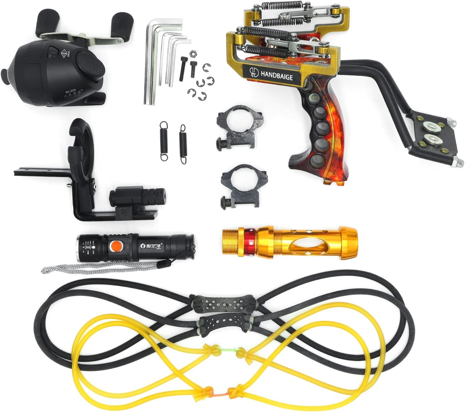 Powerful Fishing Slingshot Outdoor Catapult Archery Slingbow Arrows Ammo 2 in1 Slingshot with Arrow Brush,Fishing Reel,Fishing Reel Rack,Flashlight,4 Replacement Bands, multicolor