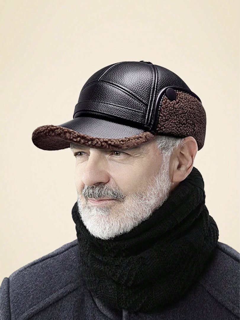 🎩🧢🐂New winter hat for men with flat peak sheepskin earmuffs