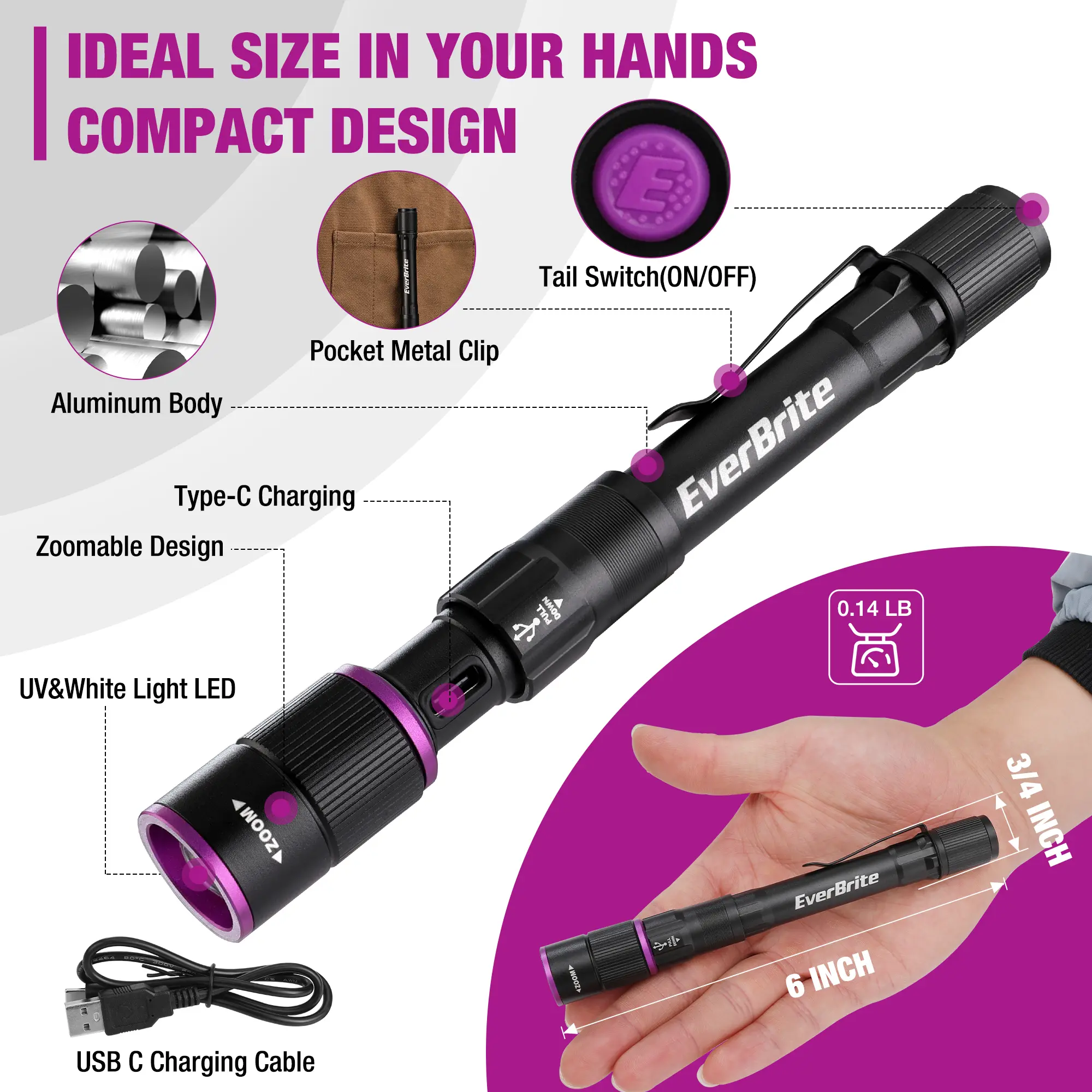 Rechargeable Pen Flashlight with UV Light and White Light, 395nm Black Flashlight with Clip, Zoomable 4 Modes with Memory Function, USB C Cable, for Camping, Emergency, Pet Urine Detection