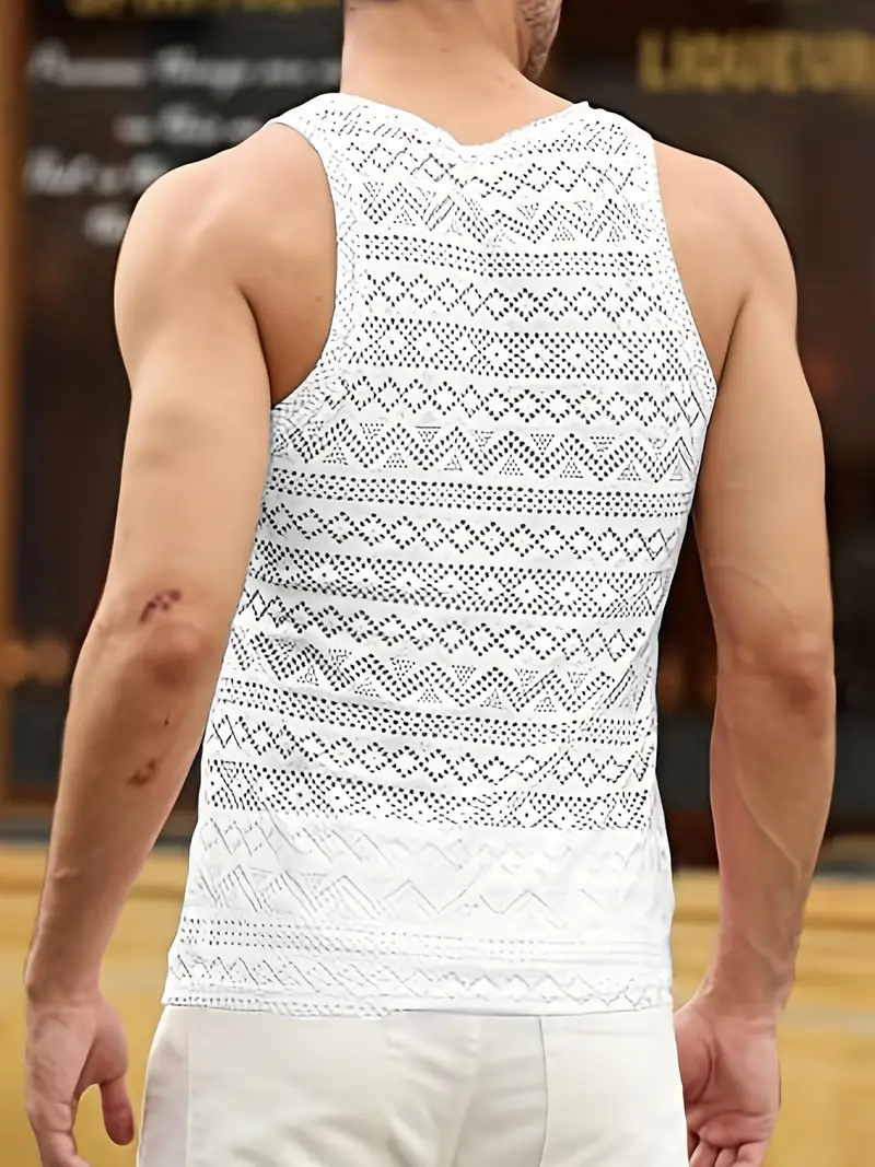 Mens Lace Shirts See Through Vest Crewneck Sleeveless Tank Tops Muscle Sexy Mesh Shirts
