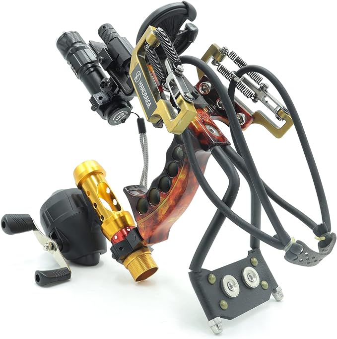 Powerful Fishing Slingshot Outdoor Catapult Archery Slingbow Arrows Ammo 2 in1 Slingshot with Arrow Brush,Fishing Reel,Fishing Reel Rack,Flashlight,4 Replacement Bands, multicolor