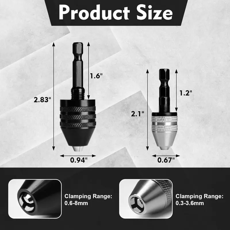 Keyless Drill Chuck Adapter Set – 1/4′′ Hex Quick Change (0.3-8mm) for Impact Drivers & Power Tools