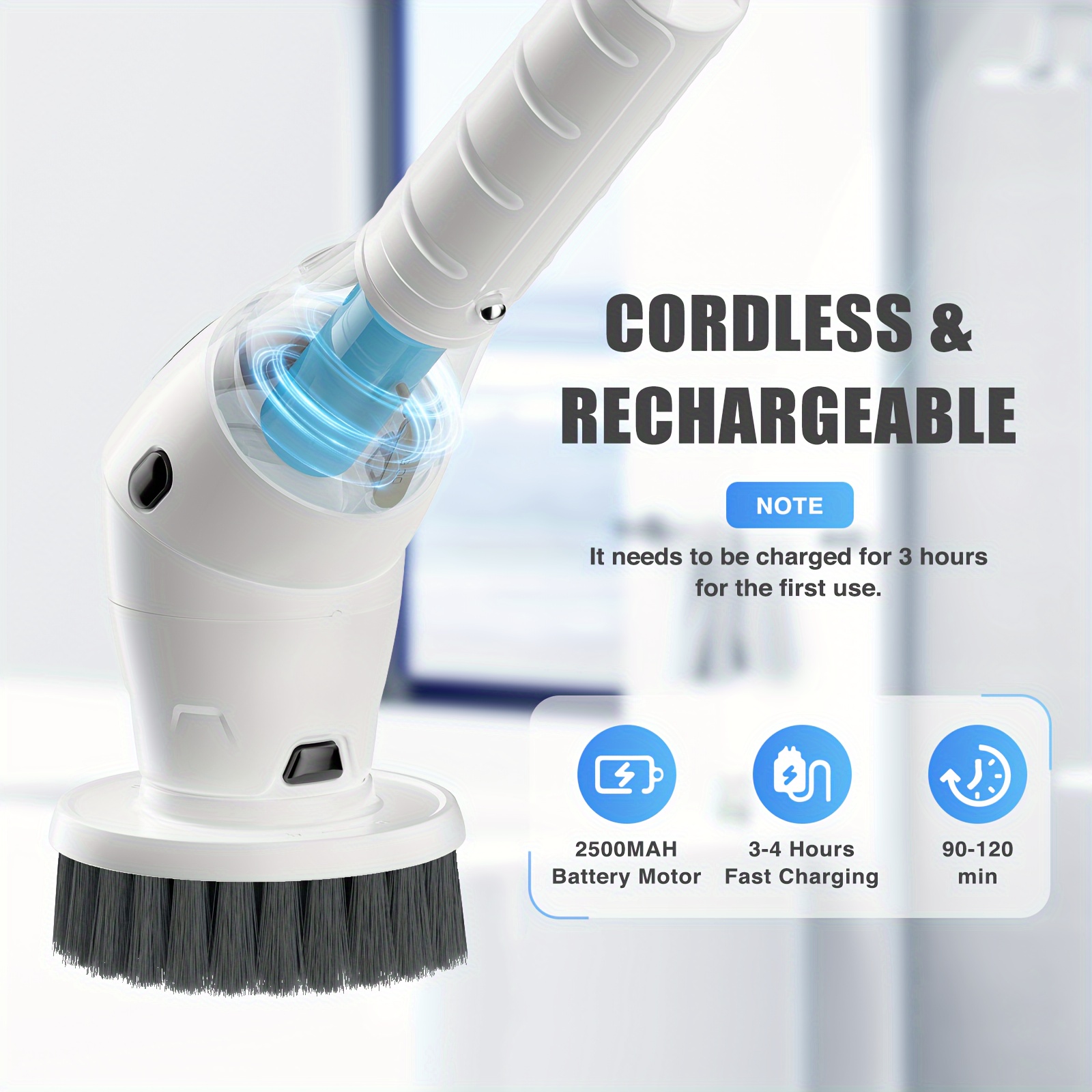 Electric Spin Scrubber, Cordless Shower Scrubber with 7 Replacement Head, 3 Adjustable Speed Power Scrubber, Bathroom Scrubber Cleaning Brush with Extension Handle for Bathtub Floor Tile Grout
