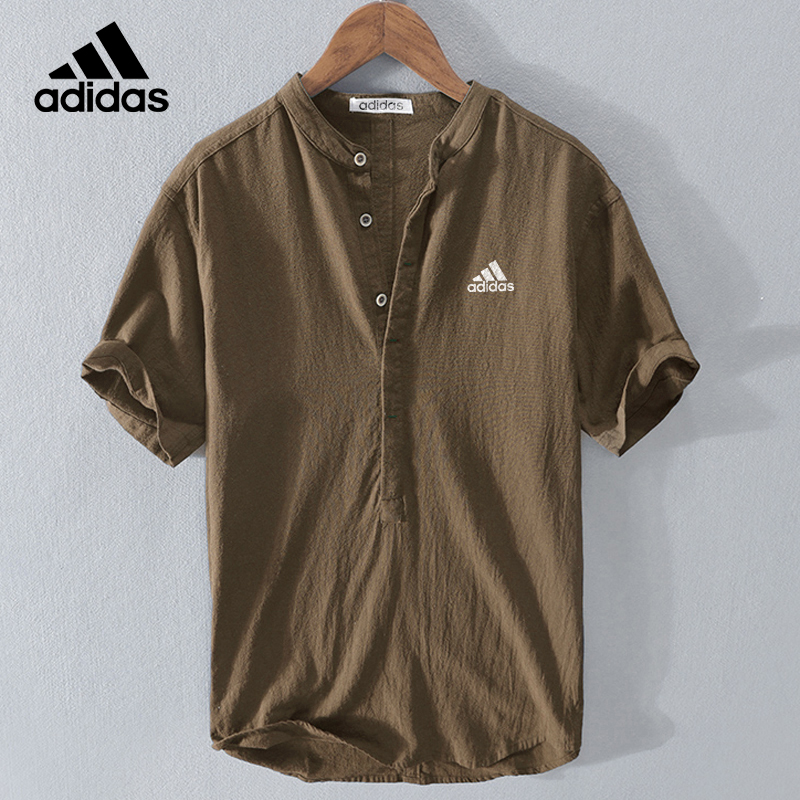 【Adidas】Casual cotton and linen short-sleeved shirt for daily wear