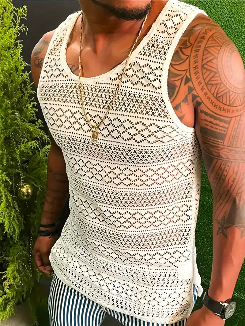 Mens Lace Shirts See Through Vest Crewneck Sleeveless Tank Tops Muscle Sexy Mesh Shirts