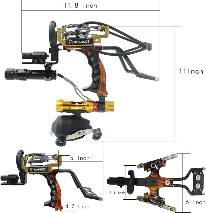 Powerful Fishing Slingshot Outdoor Catapult Archery Slingbow Arrows Ammo 2 in1 Slingshot with Arrow Brush,Fishing Reel,Fishing Reel Rack,Flashlight,4 Replacement Bands, multicolor