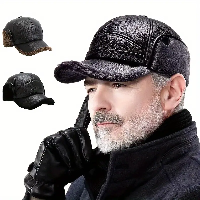 🎩🧢🐂New winter hat for men with flat peak sheepskin earmuffs