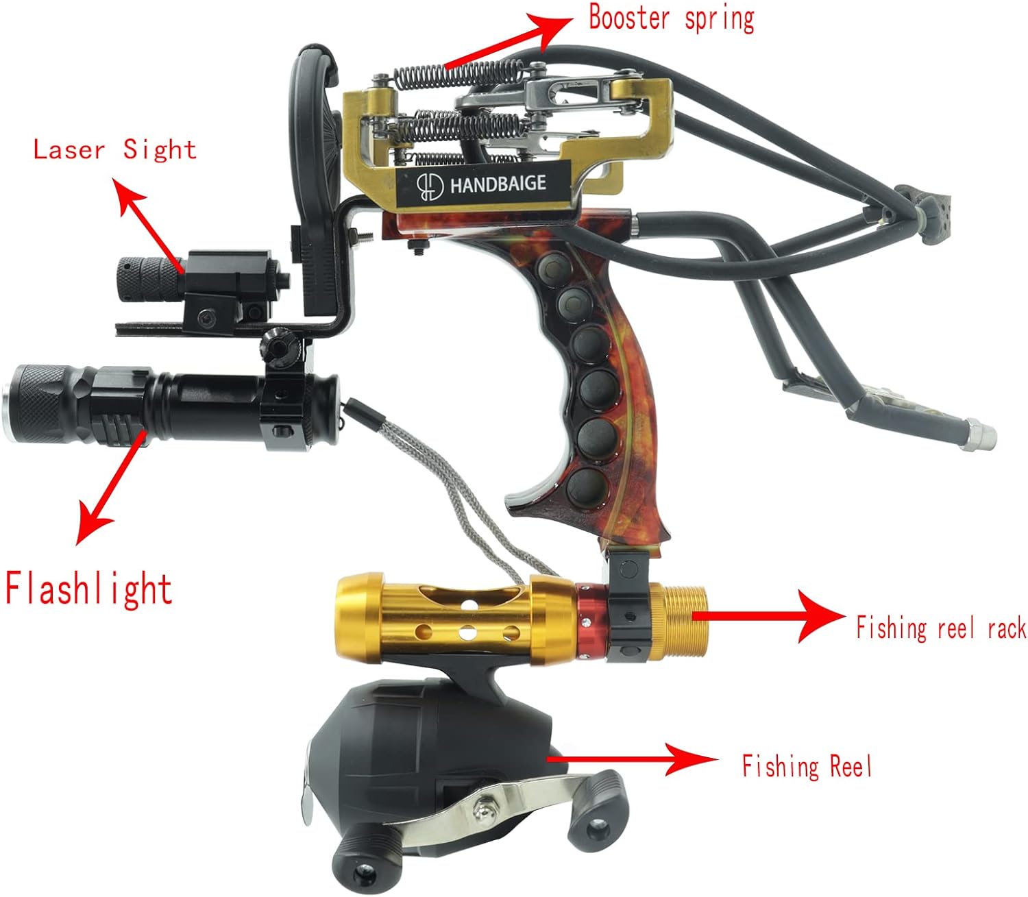 Powerful Fishing Slingshot Outdoor Catapult Archery Slingbow Arrows Ammo 2 in1 Slingshot with Arrow Brush,Fishing Reel,Fishing Reel Rack,Flashlight,4 Replacement Bands, multicolor