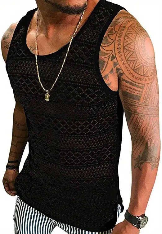 Mens Lace Shirts See Through Vest Crewneck Sleeveless Tank Tops Muscle Sexy Mesh Shirts