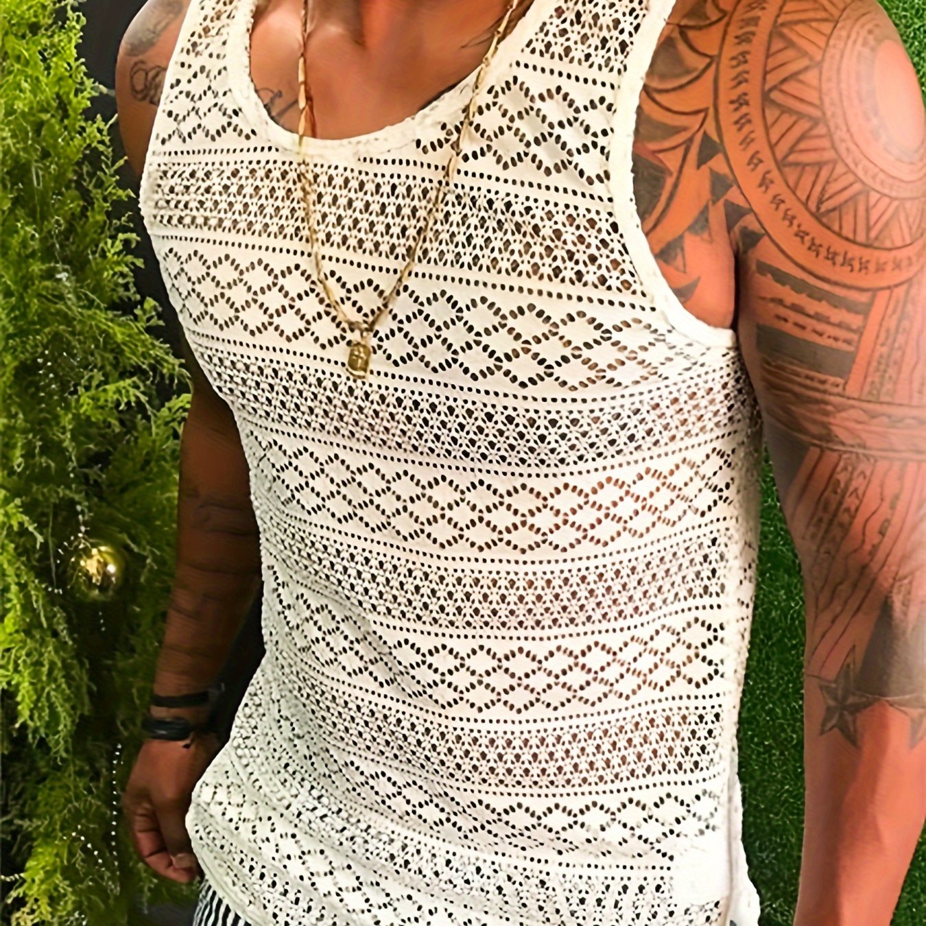 Mens Lace Shirts See Through Vest Crewneck Sleeveless Tank Tops Muscle Sexy Mesh Shirts