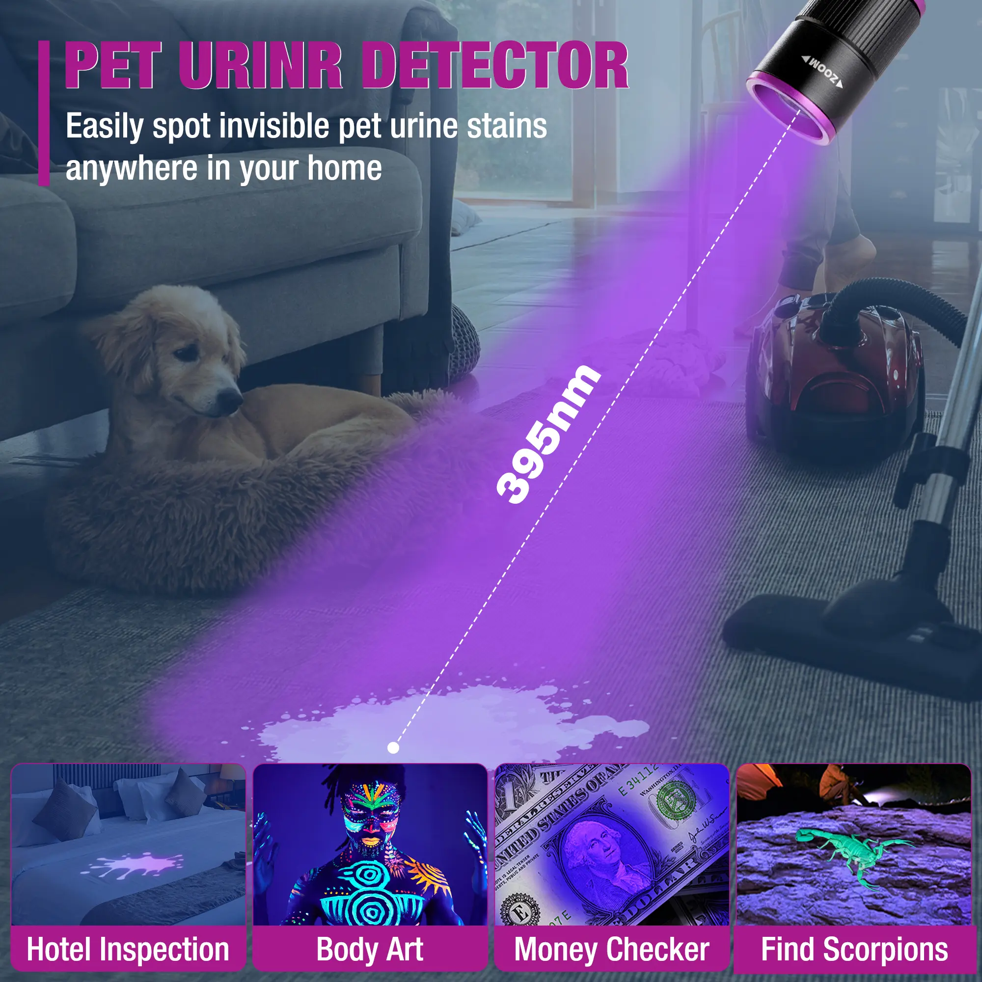 Rechargeable Pen Flashlight with UV Light and White Light, 395nm Black Flashlight with Clip, Zoomable 4 Modes with Memory Function, USB C Cable, for Camping, Emergency, Pet Urine Detection