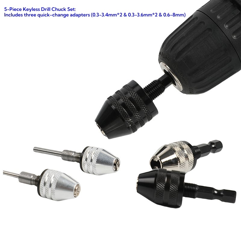 Keyless Drill Chuck Adapter Set – 1/4′′ Hex Quick Change (0.3-8mm) for Impact Drivers & Power Tools