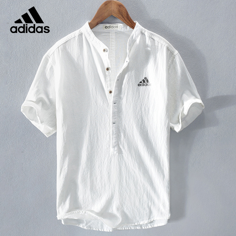 【Adidas】Casual cotton and linen short-sleeved shirt for daily wear