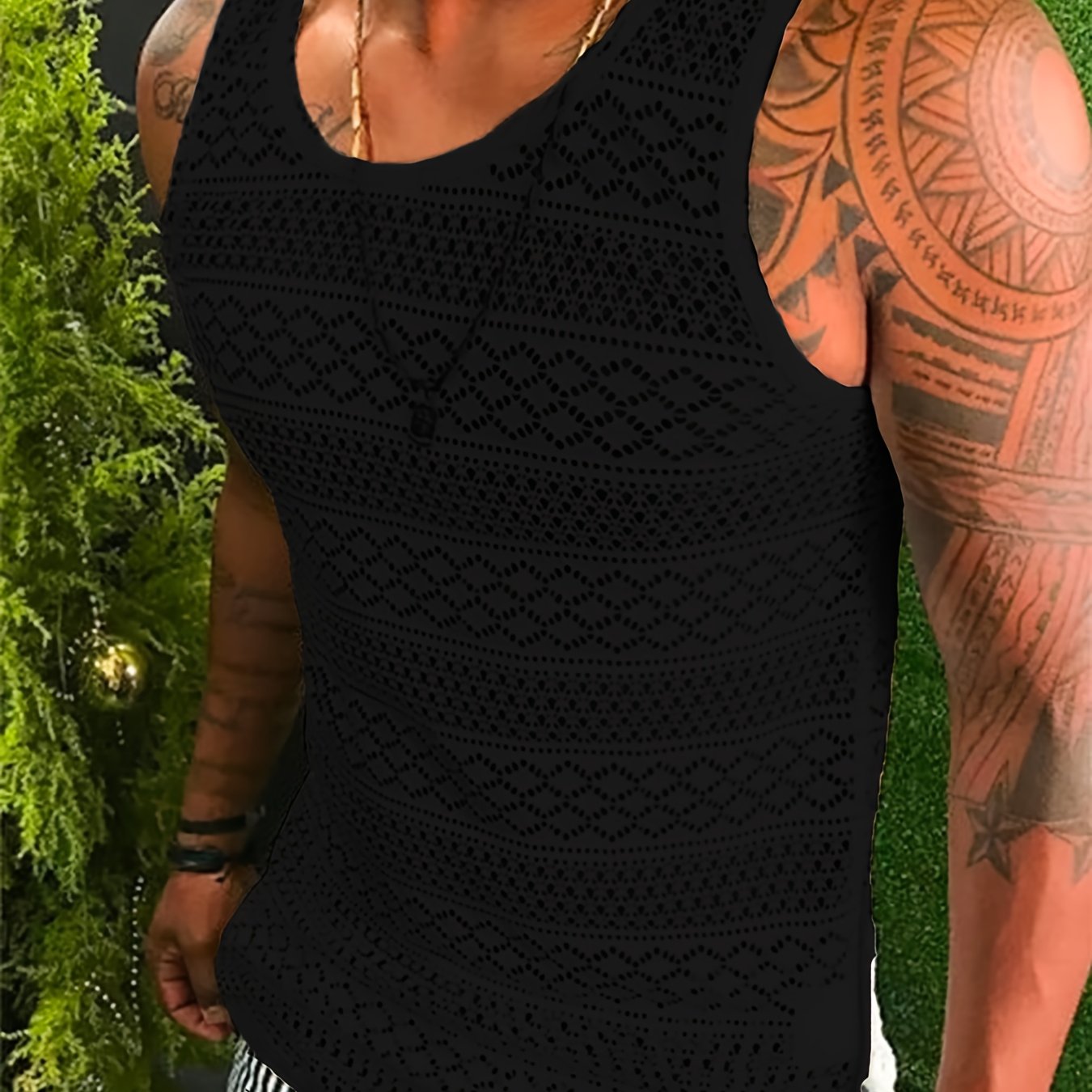 Mens Lace Shirts See Through Vest Crewneck Sleeveless Tank Tops Muscle Sexy Mesh Shirts