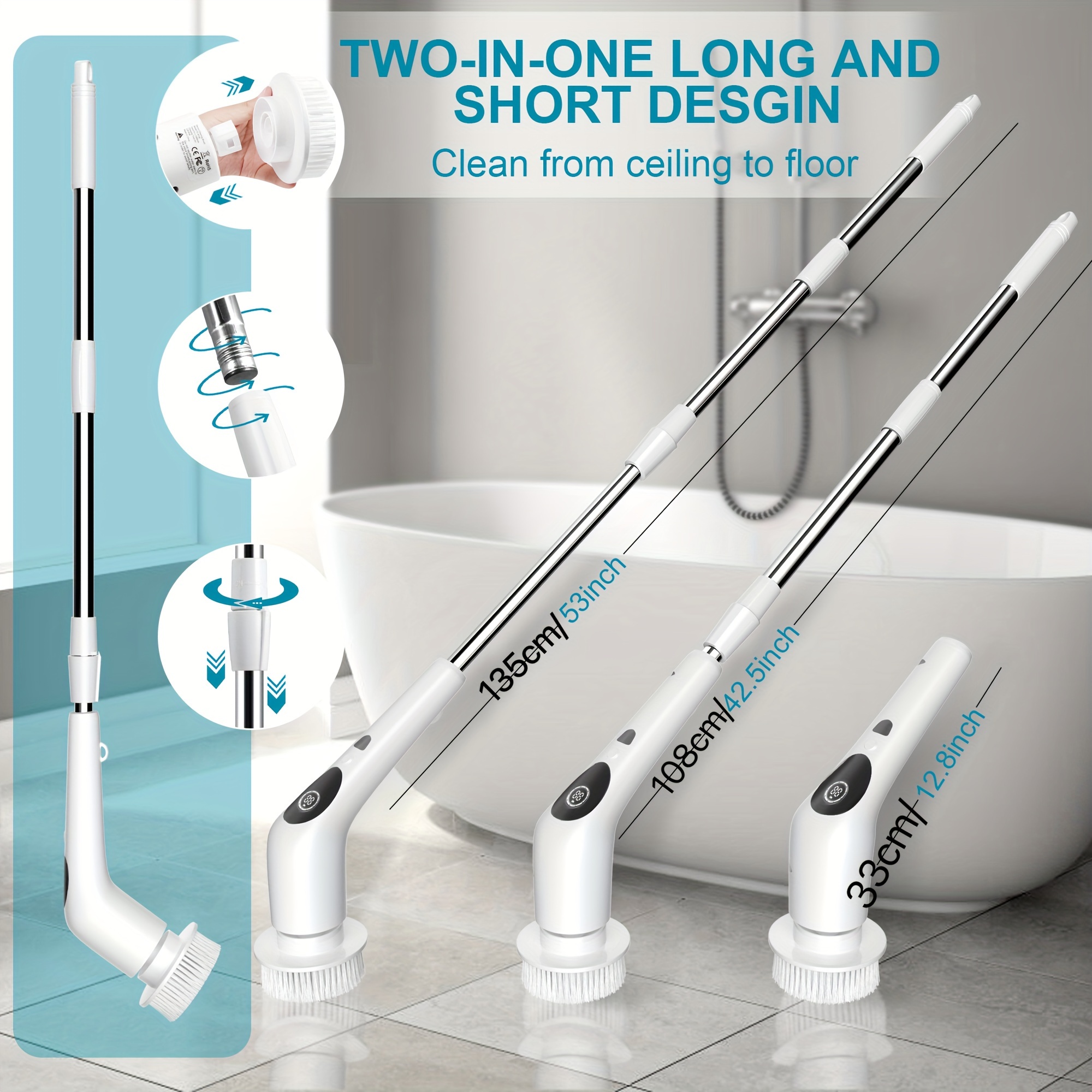 Electric Spin Scrubber, Cordless Shower Scrubber with 7 Replacement Head, 3 Adjustable Speed Power Scrubber, Bathroom Scrubber Cleaning Brush with Extension Handle for Bathtub Floor Tile Grout