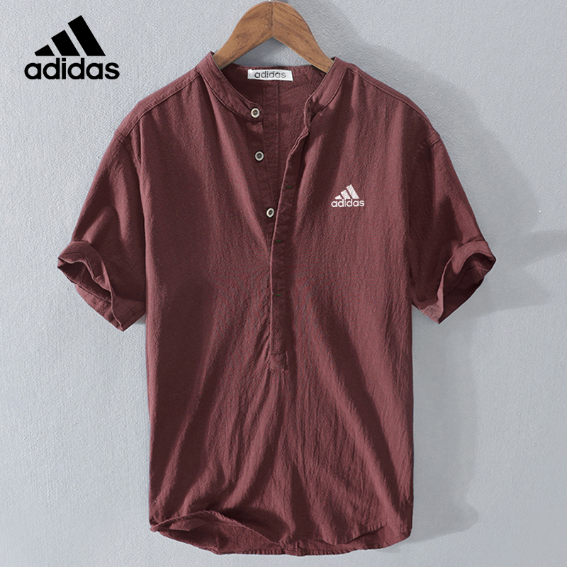 【Adidas】Casual cotton and linen short-sleeved shirt for daily wear