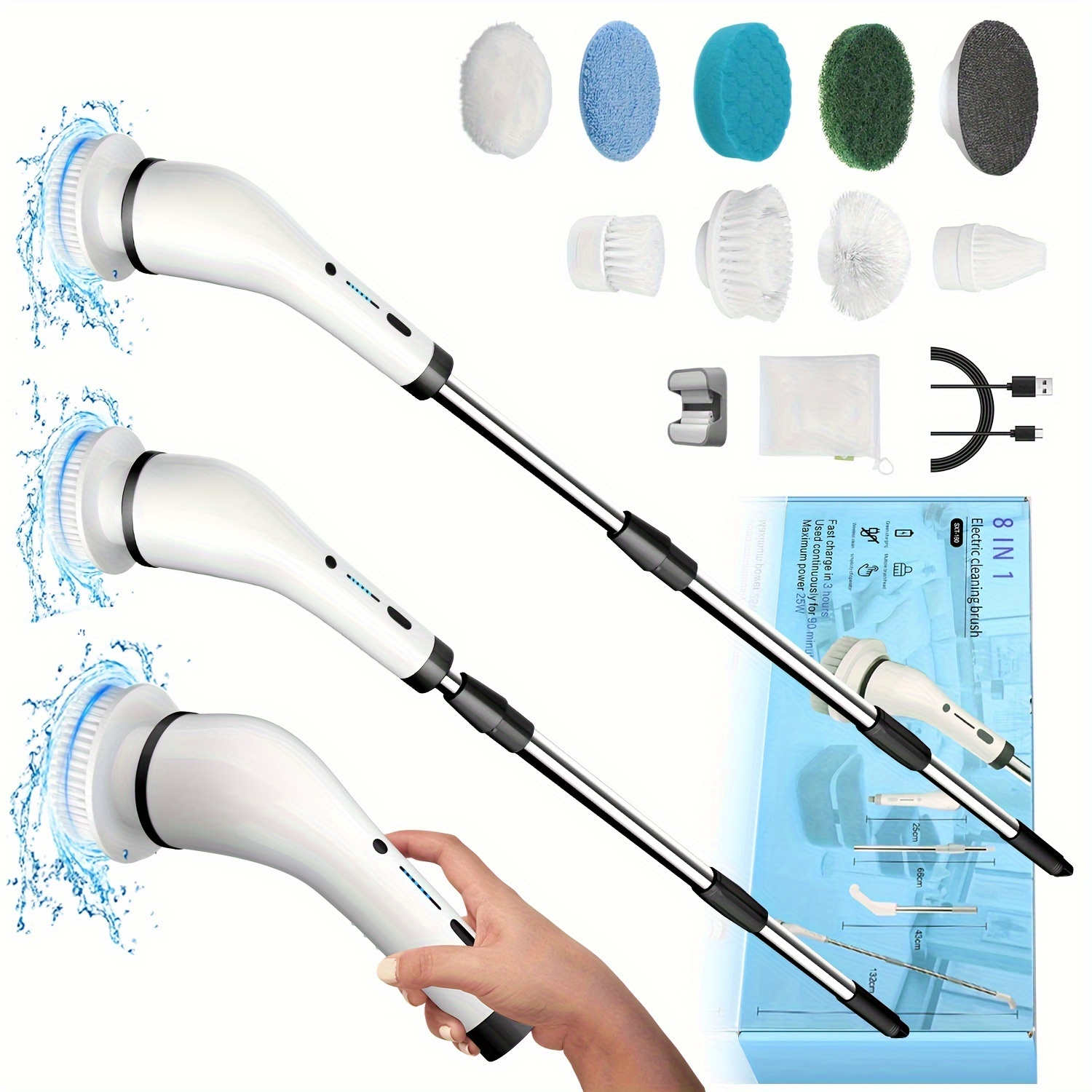 Electric Spin Scrubber, Cordless Shower Scrubber with 7 Replacement Head, 3 Adjustable Speed Power Scrubber, Bathroom Scrubber Cleaning Brush with Extension Handle for Bathtub Floor Tile Grout