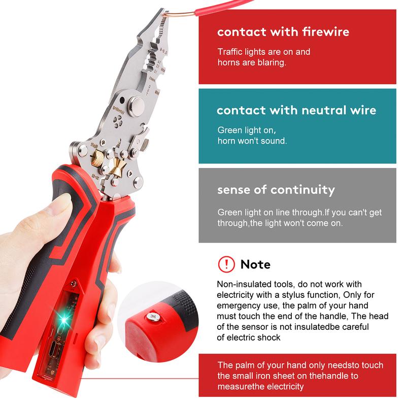 16 in 1 Wire Stripper Twister for Cutting and Pulling Wires,Cable Scissors,Voltage Tester Pliers, 12V to 250V Live,Null,Hot Wire Judgment AC DC, Audible and Flashing LED Alarms