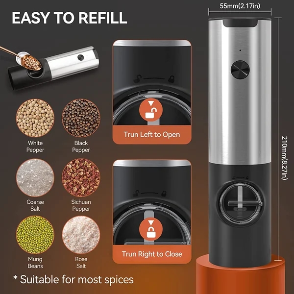 Electric All-In-One Spice Grinder: One-Touch Pepper & Salt Mill