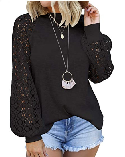 Women’s Long Sleeve Tops Lace Casual Loose Blouses T Shirts