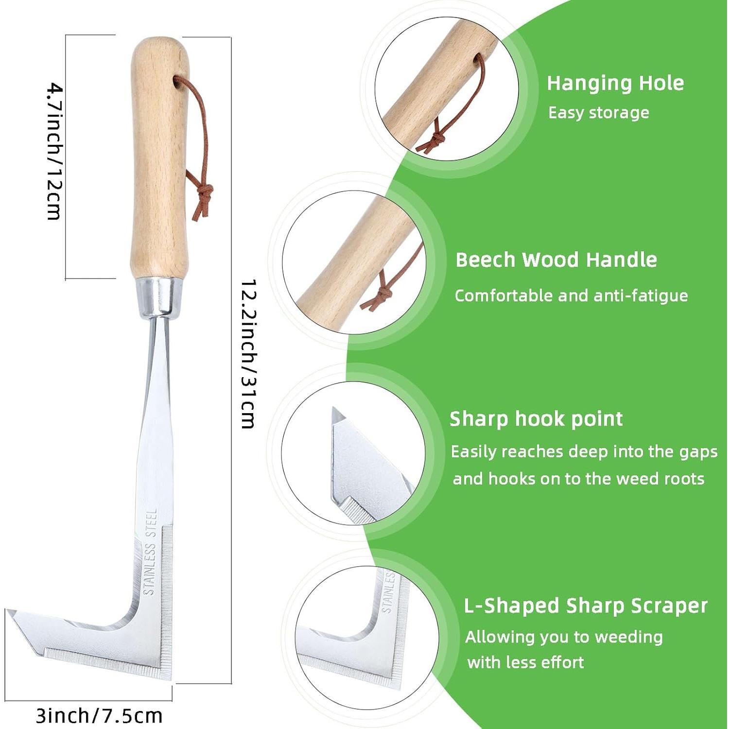 2026 New Crack Weeder Tool Crevice Cleaning Tool 12" Stainless Steel Manual grass Puller Tool Beech Wood Handle for Sidewalk Driveways Patio Paver Narrow and Wall Gaps
