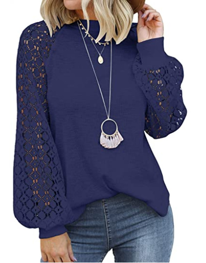 Women’s Long Sleeve Tops Lace Casual Loose Blouses T Shirts