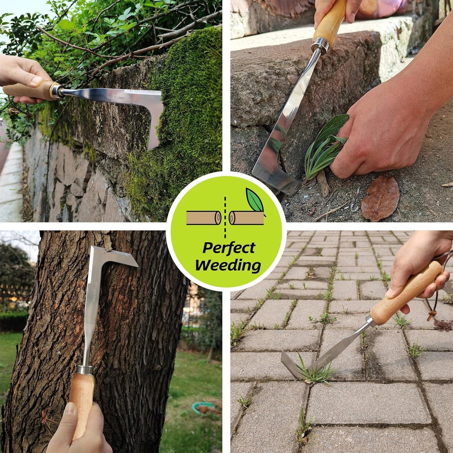 2026 New Crack Weeder Tool Crevice Cleaning Tool 12" Stainless Steel Manual grass Puller Tool Beech Wood Handle for Sidewalk Driveways Patio Paver Narrow and Wall Gaps