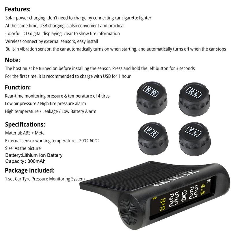 Product Introduction of Solar Power Car Tire Pressure Monitoring Tool for Fall, TPMS Tire Pressure Monitoring System, Wireless TPMS Monitor, Digital Display Tire Pressure Gauge with Replacement Valves, Car Repair Tools, Tire Inspection Tools 19