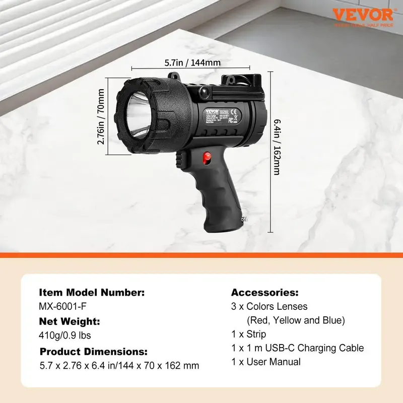 VEVOR Super Bright Rechargeable Spotlight Flashlight 200,000LM Searchlight