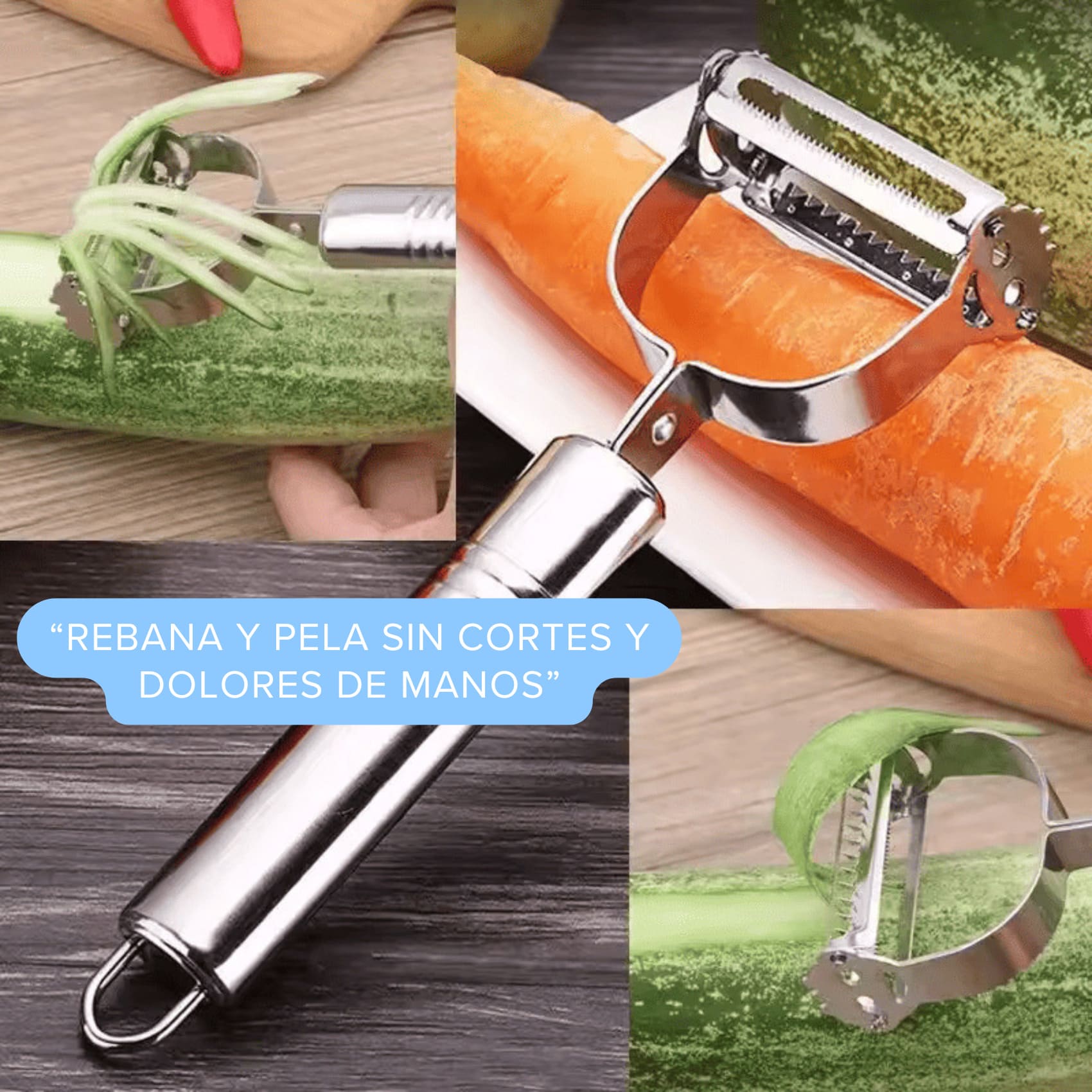 Pelador Multifuncional (Pela Rebana Descorazona Acanala Corta) Frutas y Verduras Doble Cabezal Acero Inox