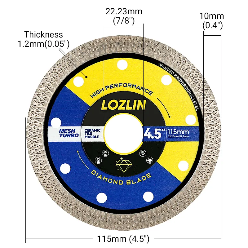 LOZLIN 3PCS 4.5" (115MM) Mesh Turbo Diamond Cutting Disc - Grinding & Cutting Blade for Tile, Ceramic, Marble - Fits Angle Grinder