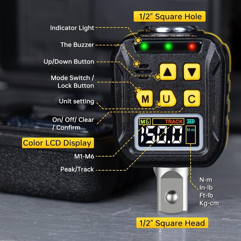 1/2 inch drive digital torque adapter, color LCD display, torque wrench calibration tool for automotive, motorcycle torque meter