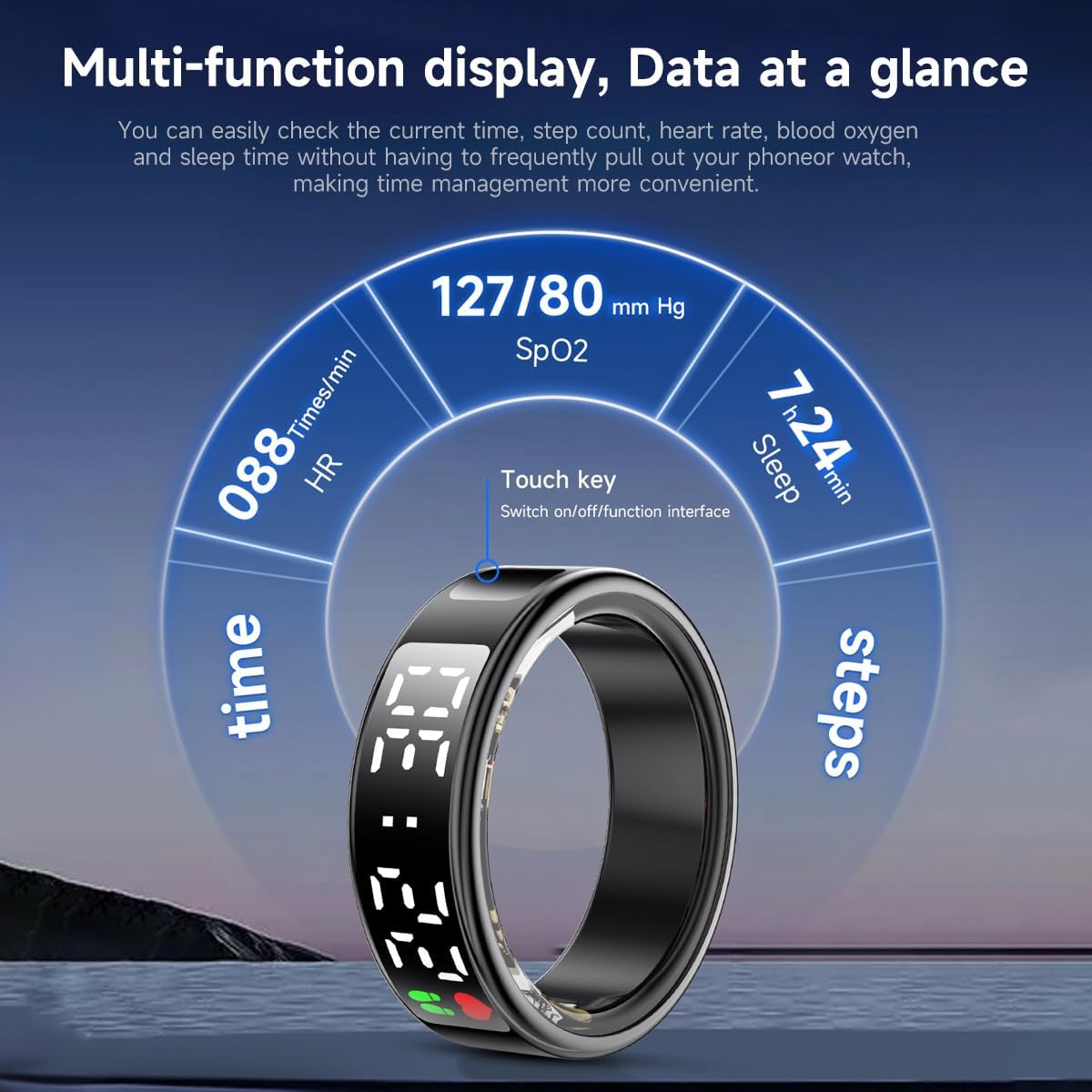 Smart Ring with Screen for Men Women Accurate Monitoring of Pedometer, Heart Rate, Blood Oxygen