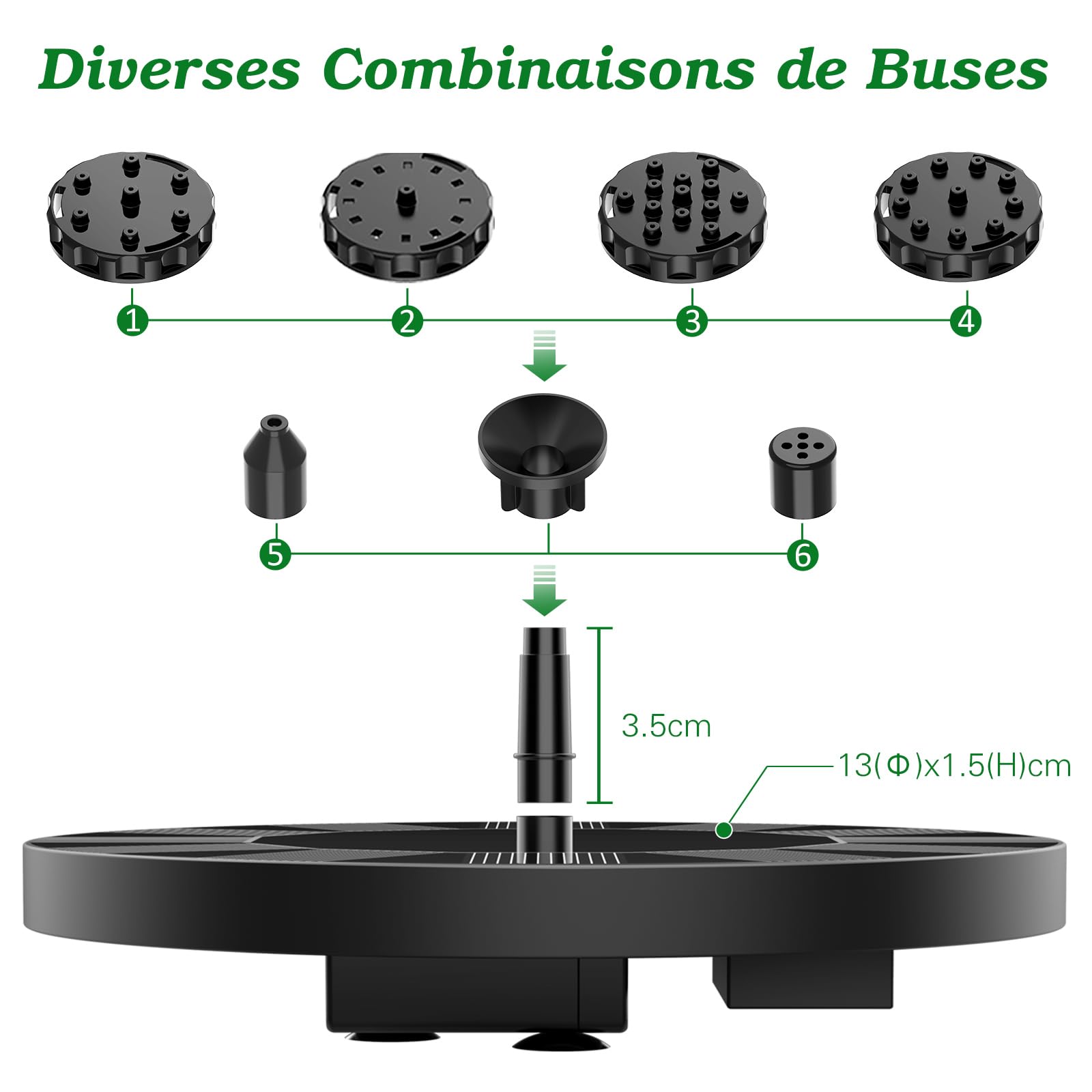 Outdoor solar-powered fountain, suitable for gardens, ponds, bird baths, and DIY water features. Solar-powered floating fountain pump.