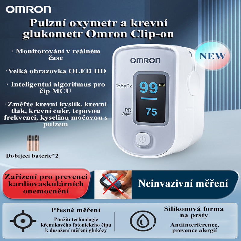 Omron prstový pulzní oxymetr a glukometr Změřte hladinu krevního cukru a kyslíku v krvi