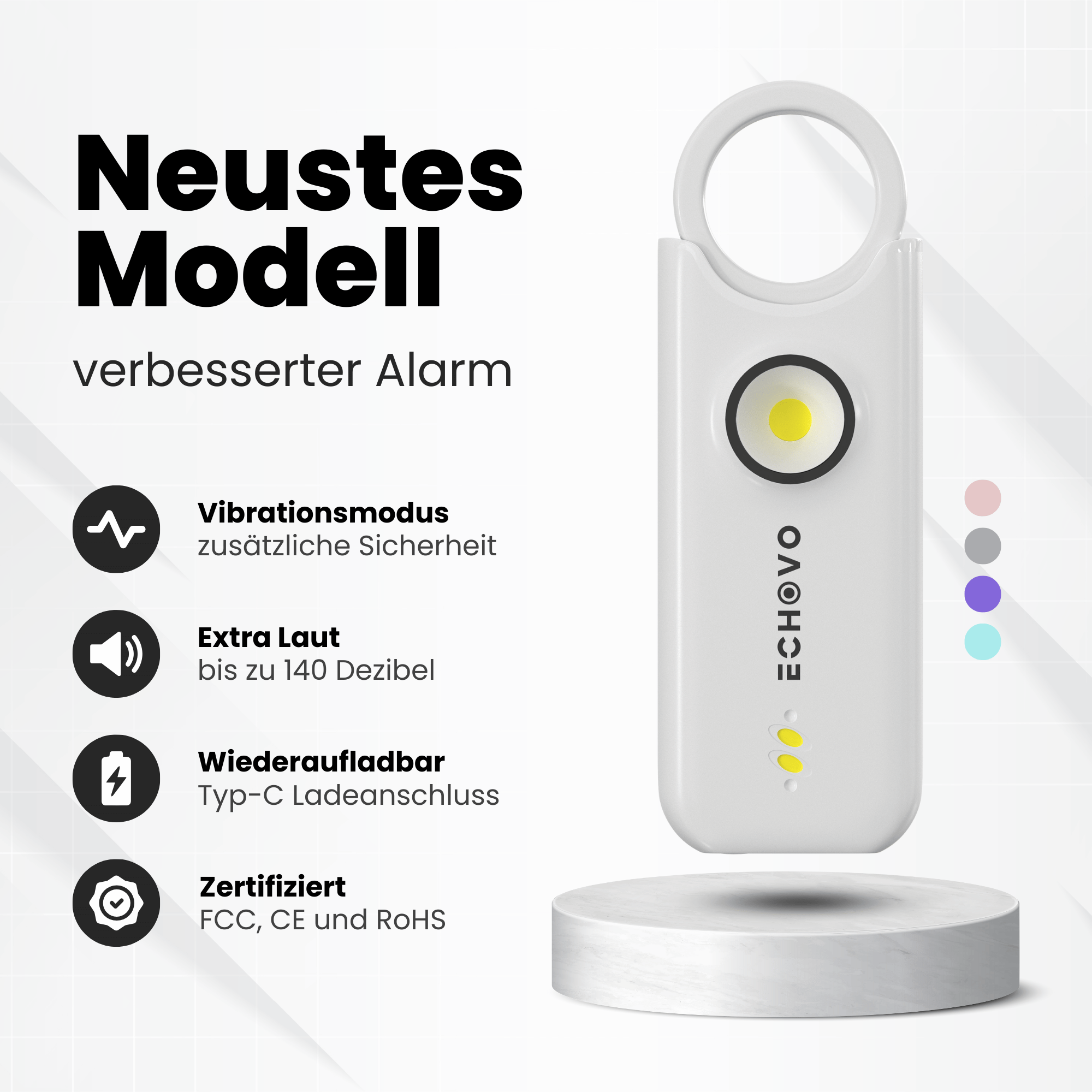 Extrem lauter 140 dB Taschenalarm mit Vibrationssensor, LED-Licht & USB-C-Aufladung