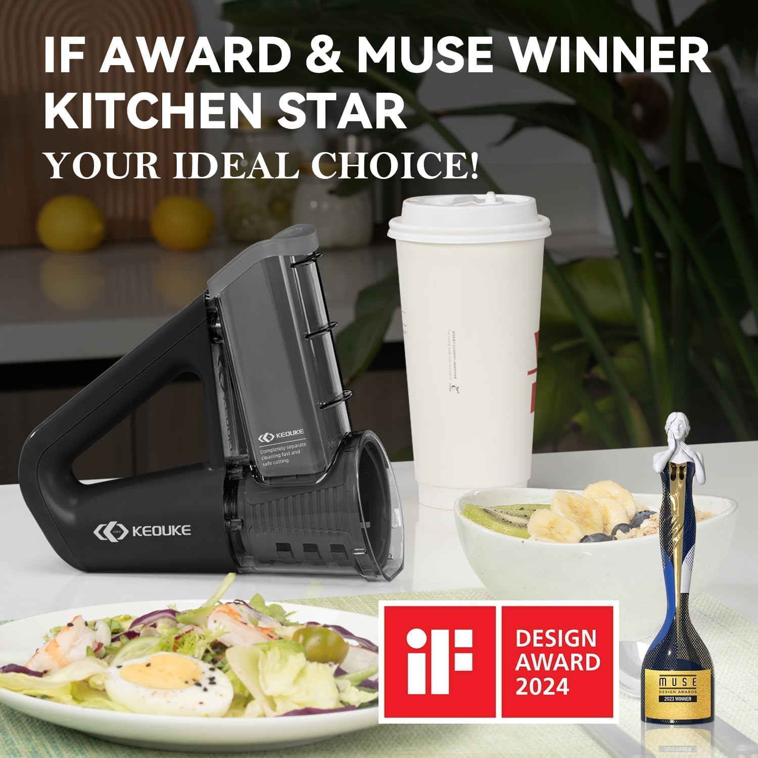 Practical Electric Vegetable Slicer Handheld Cordless Salad Shooter, 4 Blades, Dual Storage Cups, Upgraded Safety, Black Electric Slicer for Slicing Vegetables, Fruits, Ices, Soft food.