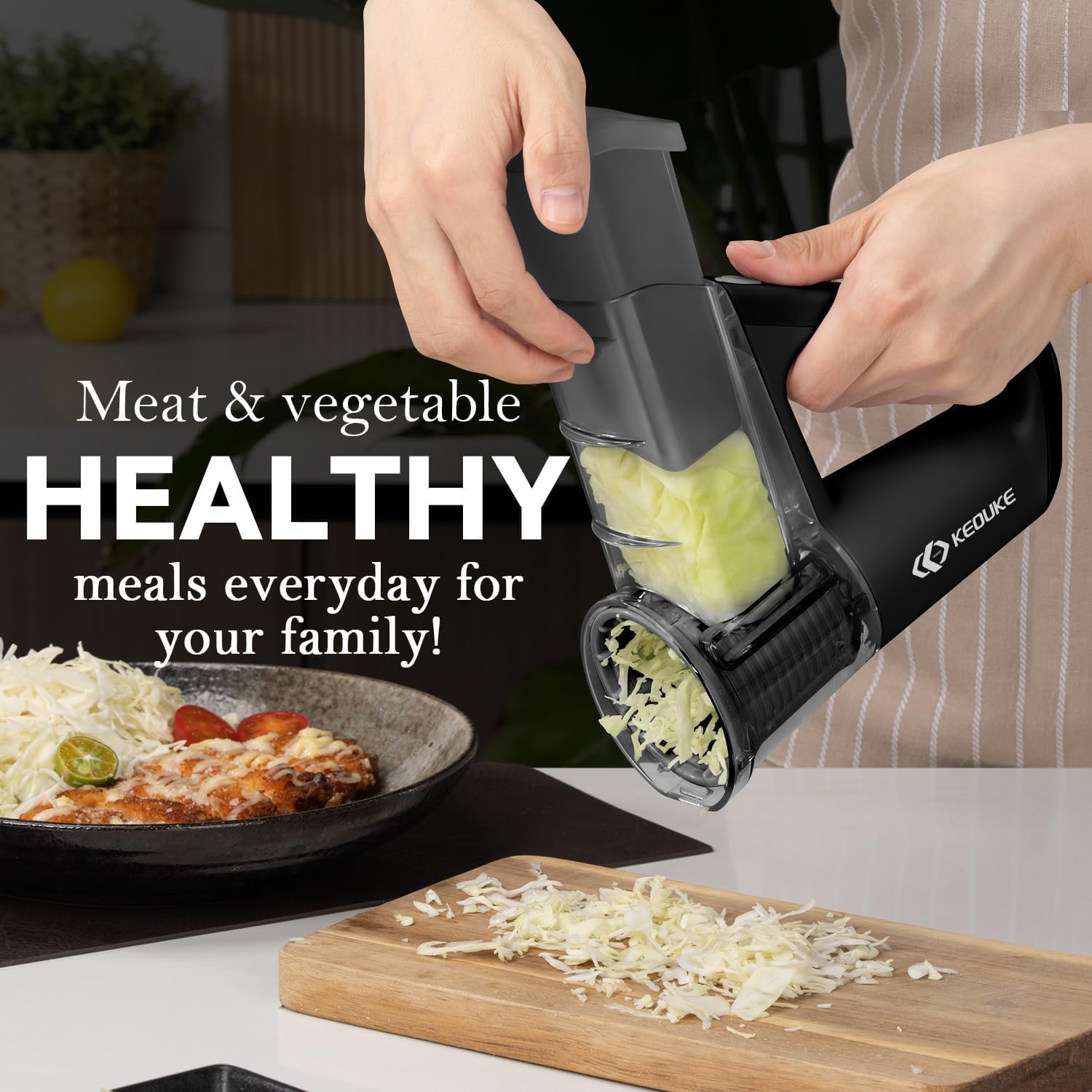 Practical Electric Vegetable Slicer Handheld Cordless Salad Shooter, 4 Blades, Dual Storage Cups, Upgraded Safety, Black Electric Slicer for Slicing Vegetables, Fruits, Ices, Soft food.