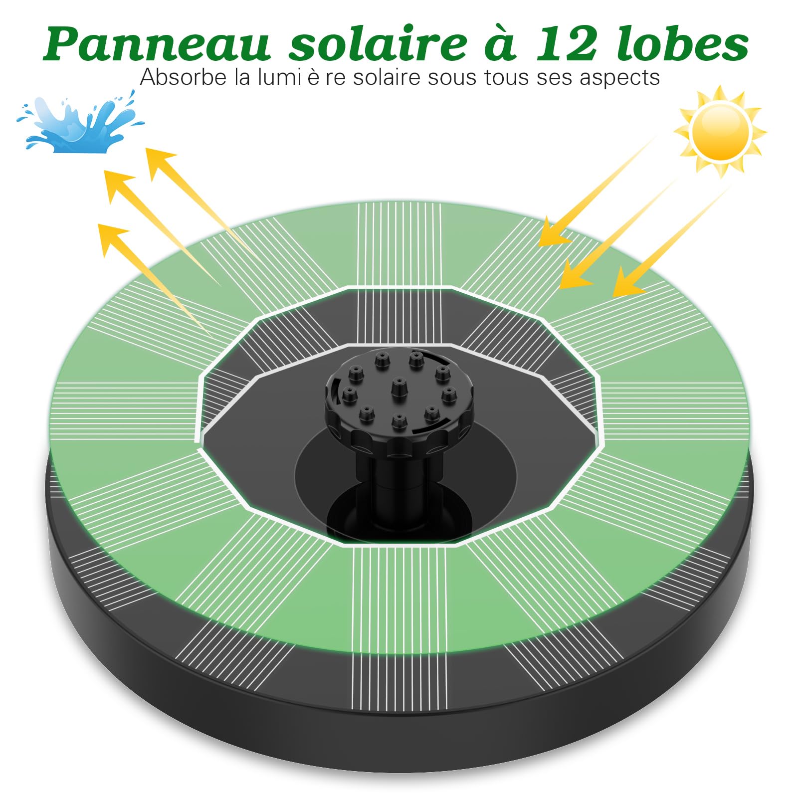 Outdoor solar-powered fountain, suitable for gardens, ponds, bird baths, and DIY water features. Solar-powered floating fountain pump.