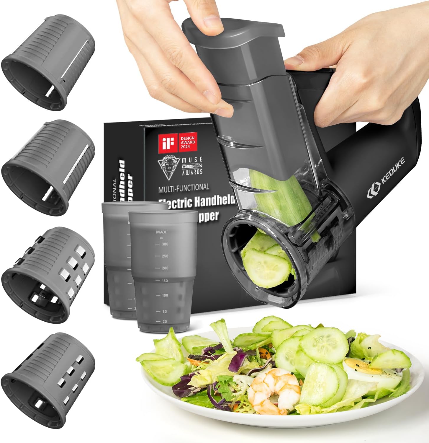 Practical Electric Vegetable Slicer Handheld Cordless Salad Shooter, 4 Blades, Dual Storage Cups, Upgraded Safety, Black Electric Slicer for Slicing Vegetables, Fruits, Ices, Soft food.