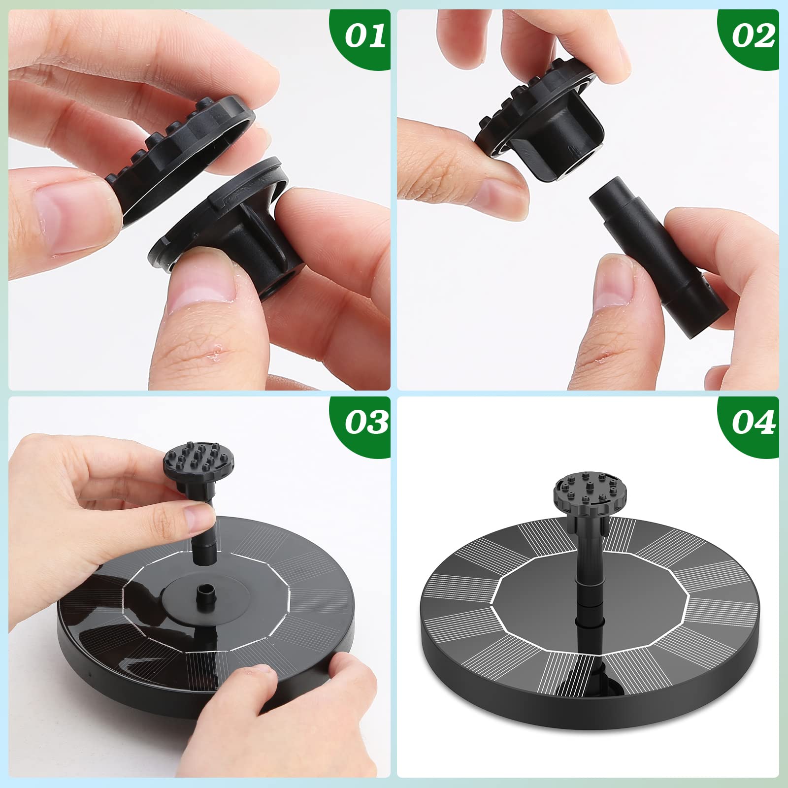 Outdoor solar-powered fountain, suitable for gardens, ponds, bird baths, and DIY water features. Solar-powered floating fountain pump.