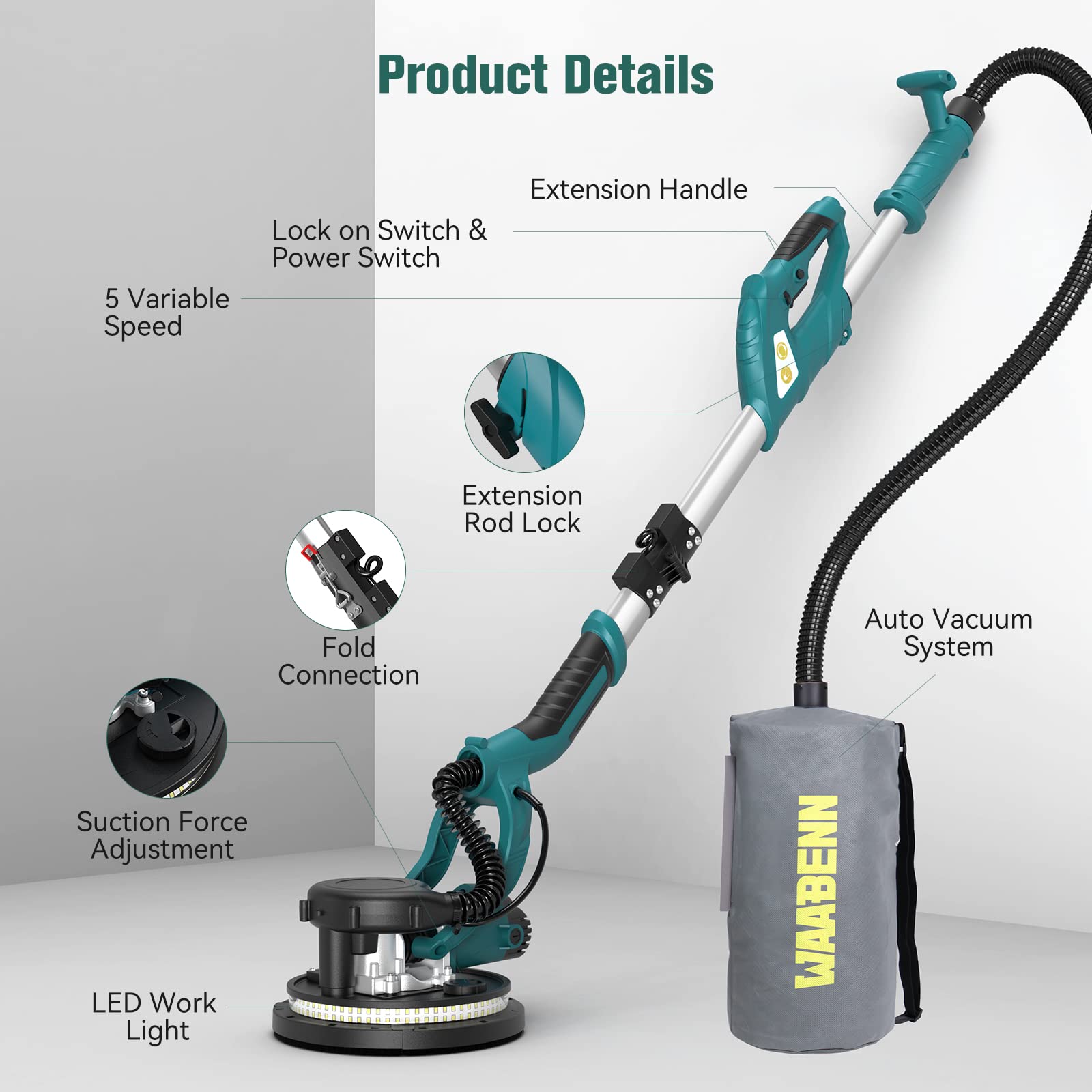 WAABENN Drywall Sander, 750 W, Foldable & Retractable Ceiling Sander, 