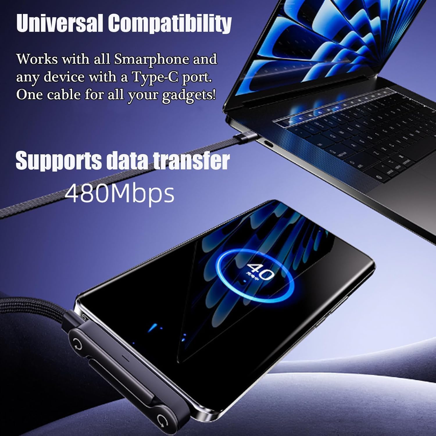 Sideways Phone Charger, 2-in-1 Invisible Holder Charger Cable