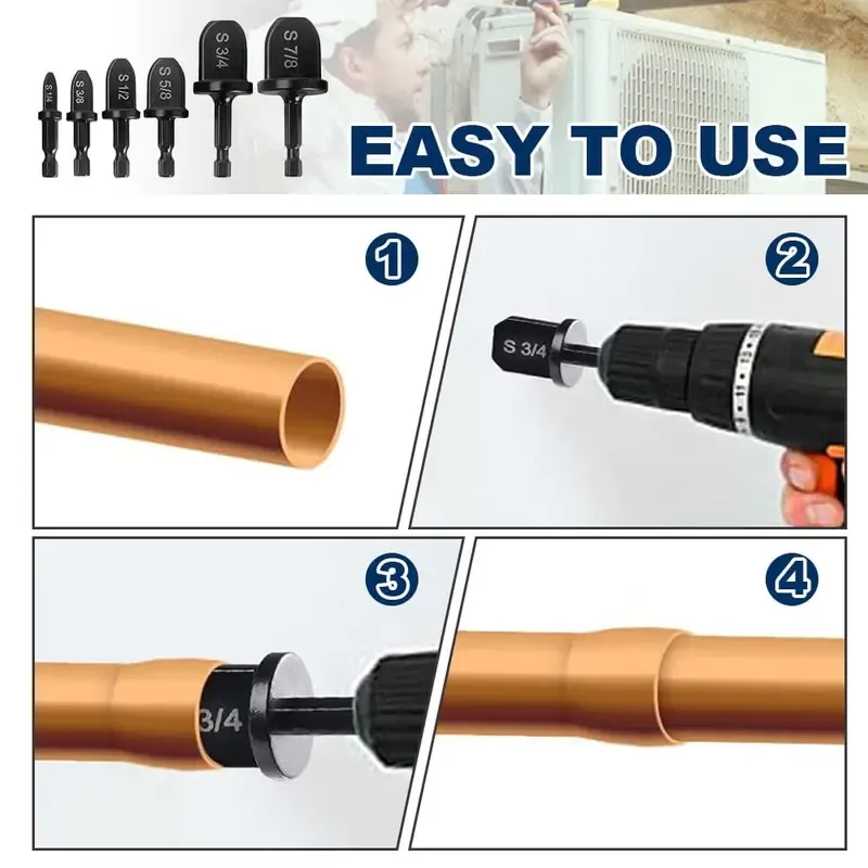 Swaging Tool Drill Bit Set, 2025 New HVAC Repairing Set Air Conditioner Copper Pipe Reamer, Manual Pipe Swage Tool Drill Bit Soft Copper tubing 1/4''， 3/8''，1/2''， 5/8''，3/4''，7/8'' Bits Set, dealsforyoudays