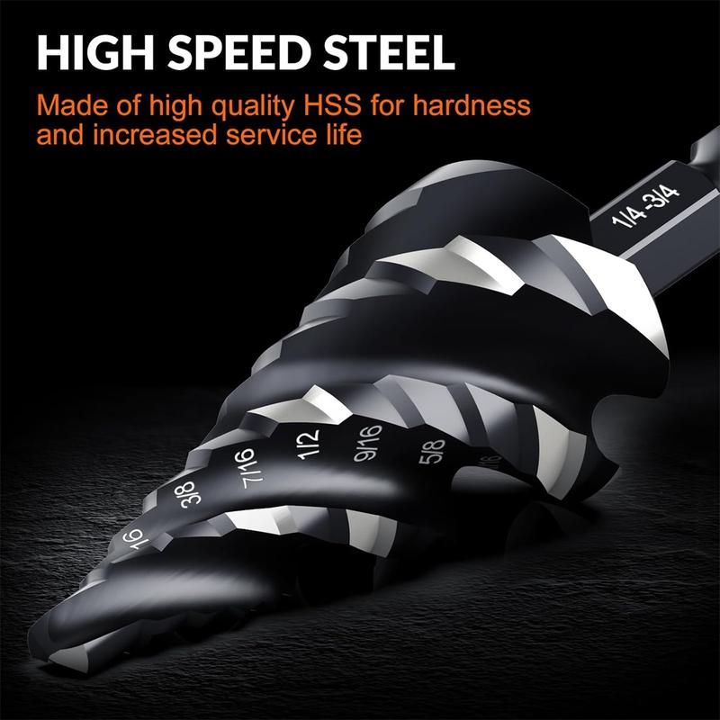 THINKWORK 3-Pc HSS Step Drill Bit Set with Tool Box 1/4" Shank for Aluminum Wood & Plastic Cobalt Step Universal Power Drilling Tools - Hardware